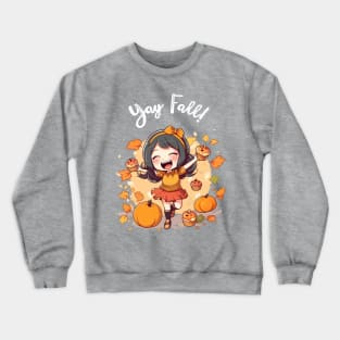 Fall for Our Adorable Chibi Art - Cute and Cozy Autumn Vibes, Yay FALL (White Letters) Crewneck Sweatshirt